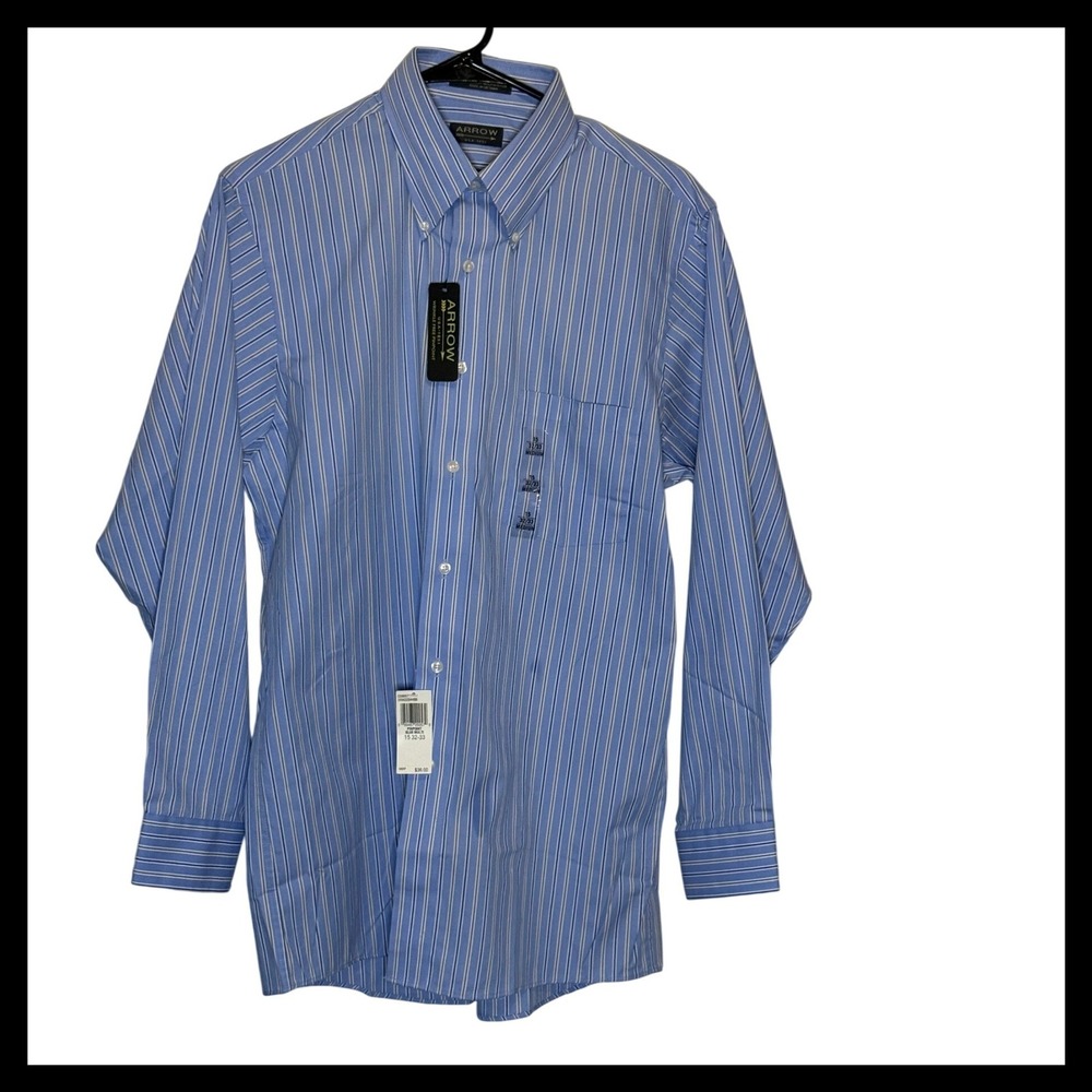 NWT Arrow Mens Dress Shirt 15 32-33 Blue Multi Stripe Wrinkle Free